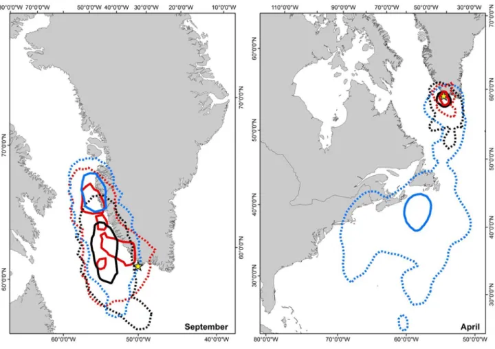 Figure  2.    Spatial  distribution  of  auks  during  September  and  April.    50%  (solid)  and  95%  (dashed)  kernel  distribution  of razorbills (n = 9, blue), common guillemots (n = 8, red) and Brünnich’s guillemots (n = 6, black) during the first h