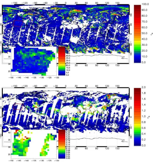 Fig. 10. MODIS Level 3 global data on 20 July 2001: cloud optical depth (top) and aerosol optical depth (bottom), both at 1 ◦ resolution.