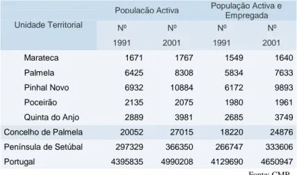 Tabela 2: População Ativa e Ativa e Empregada no concelho de Palmela e nas suas  freguesias, nos anos de 1991 e 2001 9 