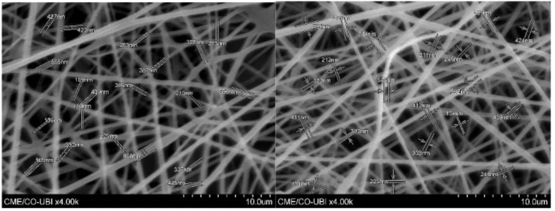 Figura 7: Imagens obtidas por SEM de fibras de Polivinil álcool e Poliamida-6 aumentadas 4000x