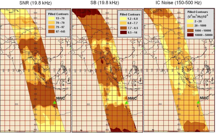 Fig. 1. Distribution of SNR and spectrum broadening for NWC transmitter (19.8 kHz) and ion-cyclotron noise (150–500 Hz) in the selected longitude segment for the period November 2004–December 2006