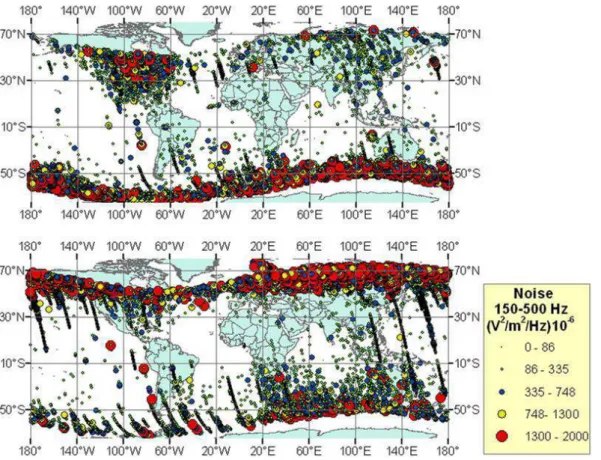 Fig. 3. Distribution of ion-cyclotron noise electric field intensity in 150–500 Hz range for July 2006 (above) and for December 2006 (below).