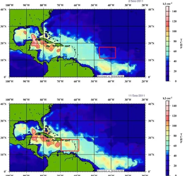 Fig. 9. TCHP for Gaston 1 (top panel) and Karl 3 (bottom panel). The red boxes mark approximately the respective observational areas