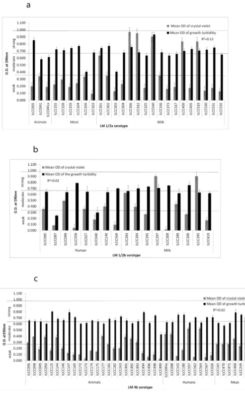 Fig 1. Biofilm formation and growth ability of L. monocytogenes strains of different serotypes
