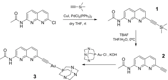 Figure 2.  Synthetic pathway for obtaining PTA-Au(I)-(2-acetamido-7-ethynyl-1,8-naphthyridine) complex 3.