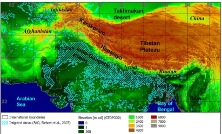Figure 1. Geographic context of the study area (Himalayan arc and adjacent plains) including elevation and areas with > 33 %  un-der irrigation (hatched)