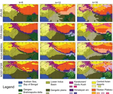 Figure 5. Comparison of climate classifications resulting from the use of 8, 12 and 16 clusters ( k ) on principal components from the individual reanalyses