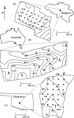 Fig. 1. Location of the study areas and observation sites. (a) Louvain-la-Neuve (0.5 m interval contour lines), (b) Tarrawarra (2 m interval contour lines), (c) R-5 ( ∼ 3 m interval contour lines).