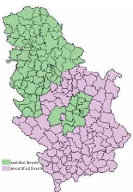 Figure 1.   Map of areas of certiied and uncertiied  state-owned forests in Serbia as of Sep  -tember 1 st , 2010 