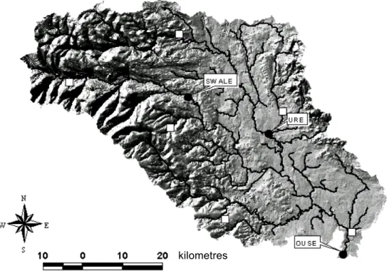 Fig. 1. River network and flow gauges (dark circles) and rainfall gauges (white squares) for the Ouse catchment.
