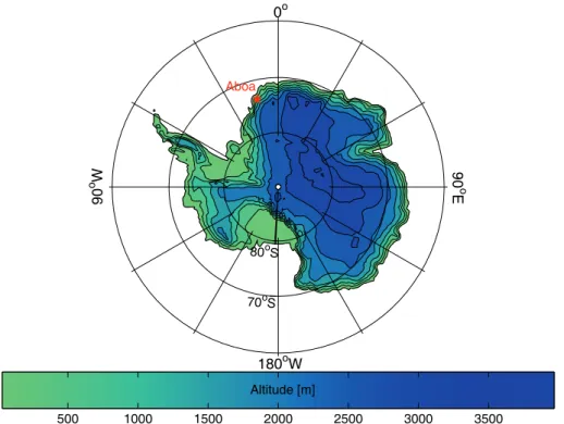 Fig. 1. Map of Antarctica where Aboa station is marked with a red star. The colourmap over the land areas presents the altitude in m a.s.l.