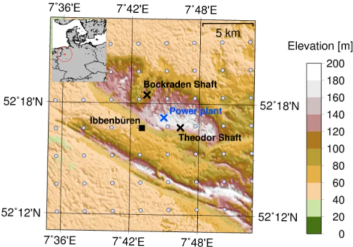 Fig. 1. Map showing the location of the anthracite mine and the cor- cor-responding ventilation shafts that release CH 4 to the atmosphere, Bockraden Shaft and Theodor Shaft