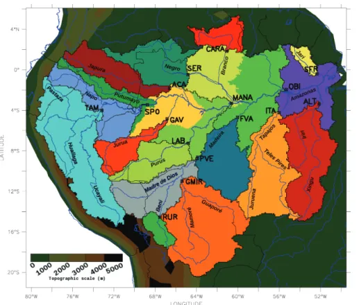 Fig. 2. Map of the Amazon River sub-basins and the main rivers. Localization of the main ORE HYBAM gauge stations (see Table 2 for their coordinates)