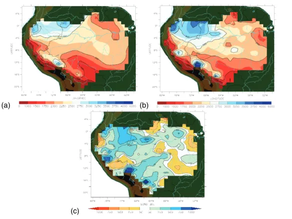 Fig. 3. Precipitation (mm yr −1 ) over the Amazon River basin from (a) NCC and (b) HYBAM