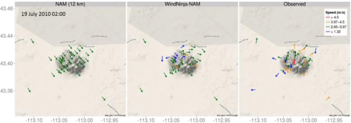 Figure 7. Predicted and observed winds for a downslope flow event at Big Southern Butte.