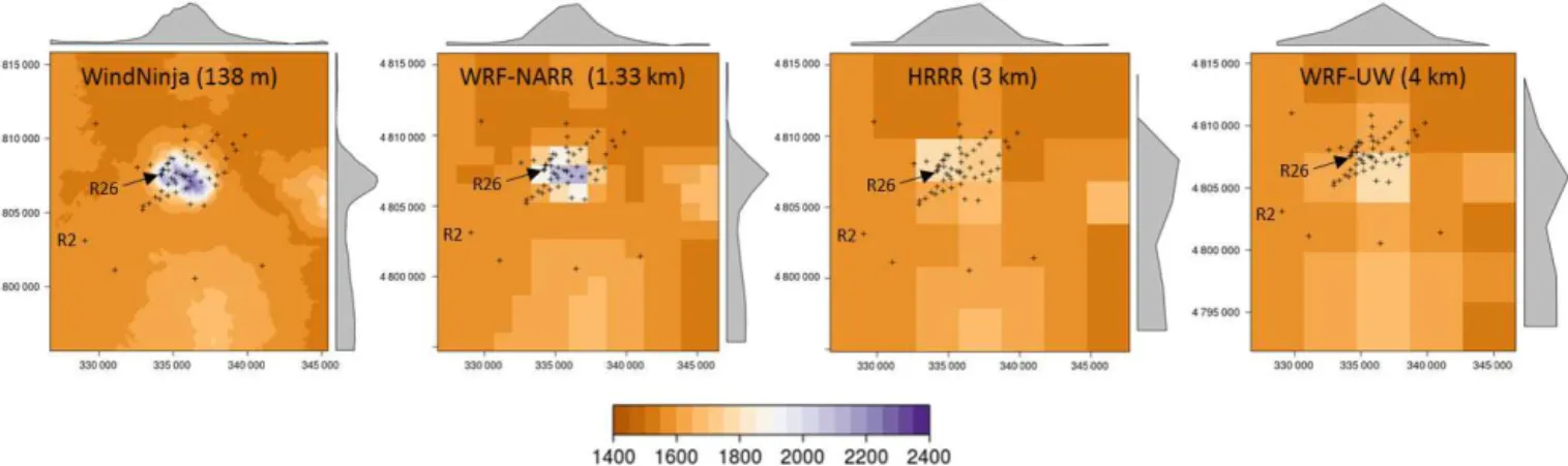 Figure 1. Terrain representation (m a.s.l.) in WindNinja, WRF-NARR, HRRR, and WRF-UW for the Big Southern Butte