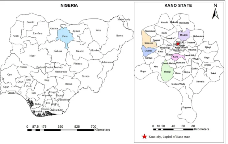 Fig 1. A geographic map showing the location of Kano State and the districts involved in the study