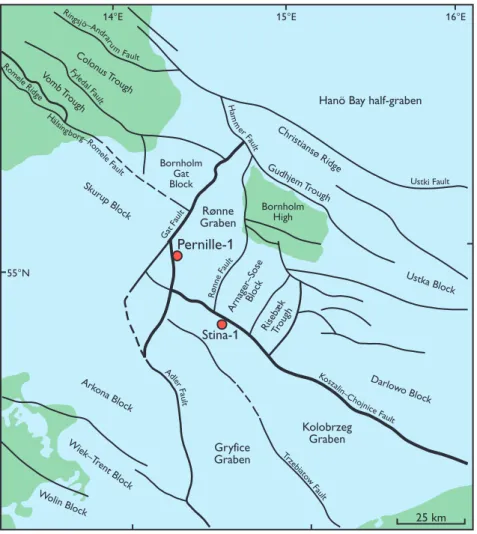 Fig. 7. Structural map showing the block mosaic of the Bornholm region and the position of the Pernille-1 and Stina-1 wells