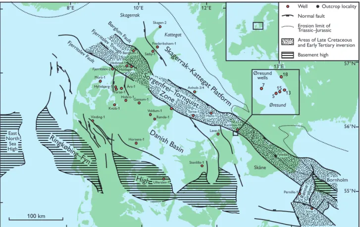 Fig. 1. Structural map showing the Danish Basin and the Fennoscandian Border Zone, and locations of the study wells and the out- out-crop at Fyleverken Sand Pit, Fyledal, Skåne (see also Fig