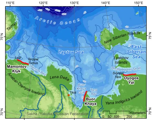 Fig. 1. Location of the study sites within the Laptev Sea region. Analyzed coastline sections are marked as red lines and comprise from west to east: Mamontov Klyk, Buor Khaya and Oyogos Yar.