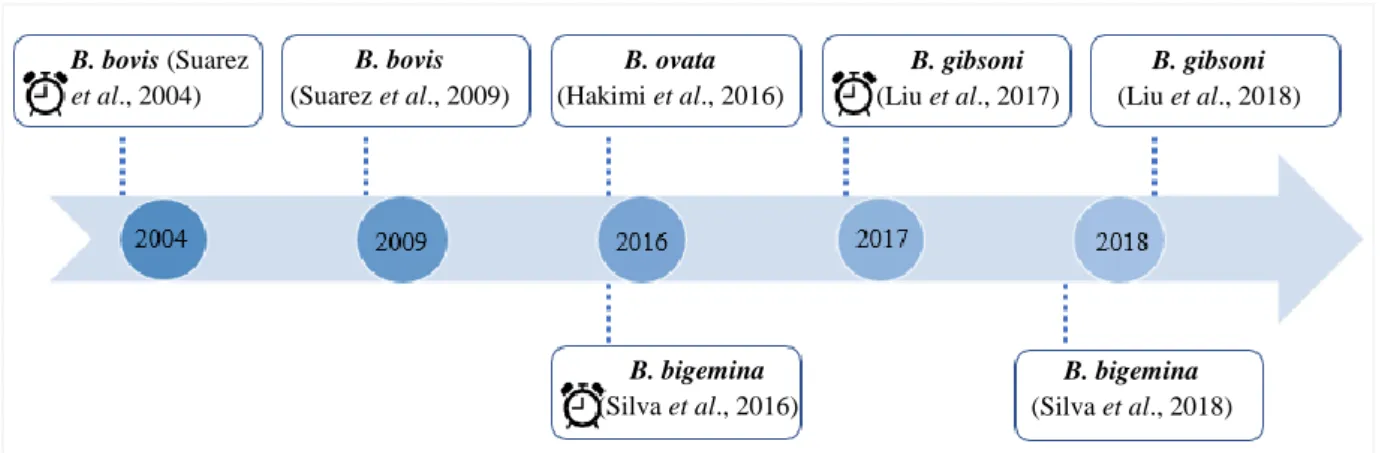 Figure 4. Timeline of selected landmark publications on the development of transient and stable transfection  systems in Babesia spp