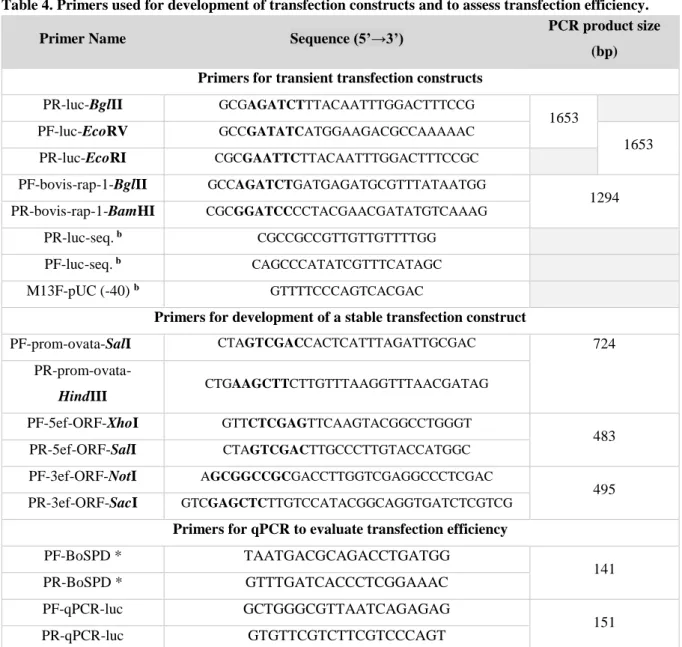 Table 4. Primers used for development of transfection constructs and to assess transfection efficiency