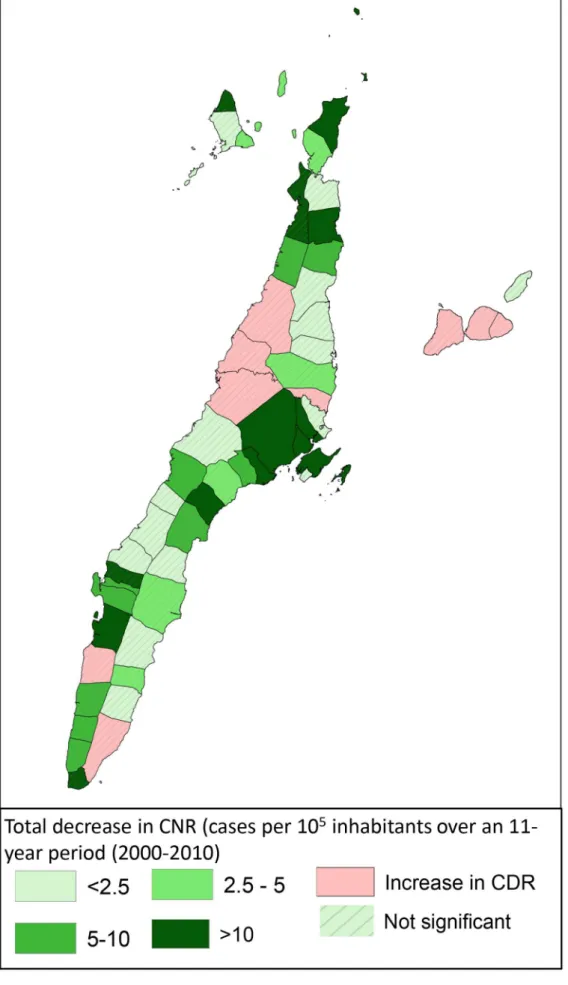 Figure 4. Changes in leprosy CNR over a 5 year period (2001–2005 versus 2006–2010).