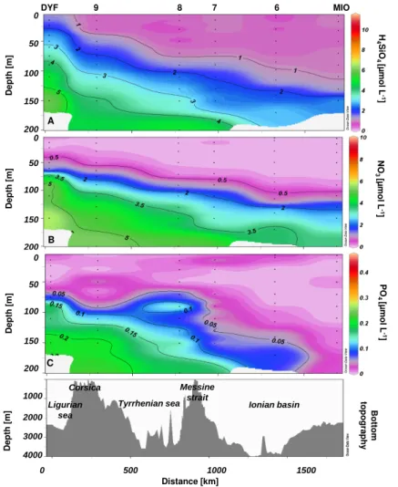 Fig. 3. Nutrient distributions (µM) along the transect 2 during PROSOPE the cruise (sum- (sum-mer/fall 1999).