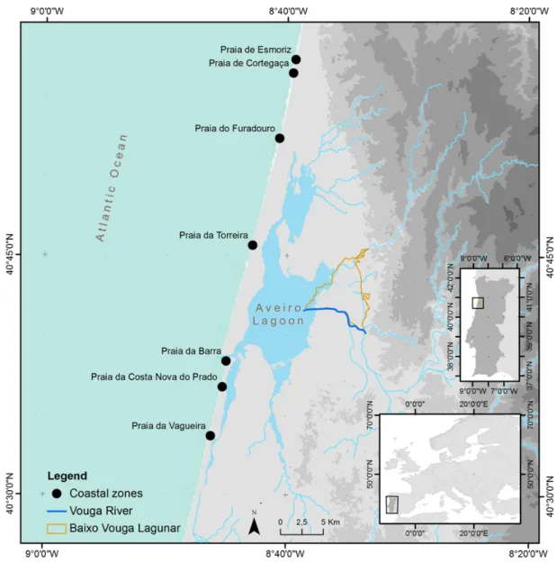 Figure 1 – Study area locations. BVL: inland study area at the coastal lagoon shore at 10 km from the shoreline  (BVL - orange limit polygon)