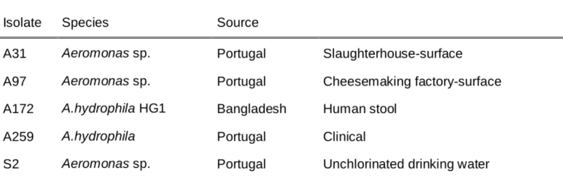 Table 7 – Representative aeromonads chosen for biofilm assays 