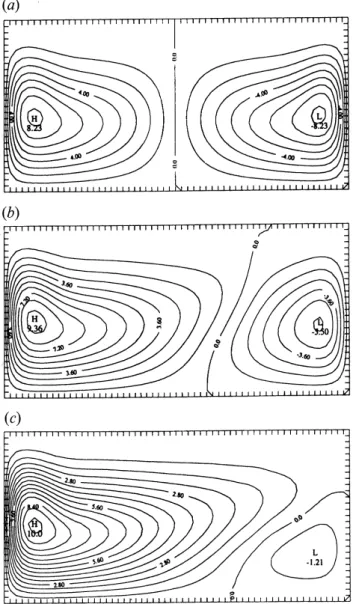 Fig. 3. Stream-function fields for a 2-D, meridional plane THC model with so-called mixed boundary conditions: the temperature profile and salinity flux are imposed at one horizontal boundary of the rectangular box, while the other three boundaries are  im