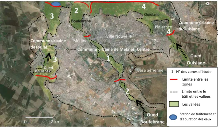Figure 1 : Localisation des 3 communes urbaines de l’agglomération de Meknès   Source : Google Earth, image du 24 aout 2014 