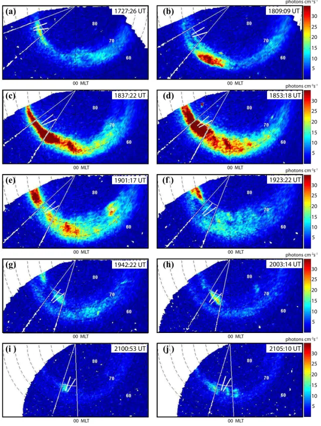 Fig. 7. Selected set of Polar UVI frames showing the general substorm evolution on 25 November 2000
