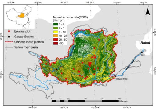 Figure 1. Topsoil erosion map of the Chinese loess plateau with an indication of the location of erosion plots.