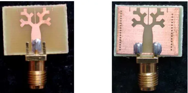 Figure 14. Prototyped antenna on FR4 substrate, (a) Top View, (b) Bottom view 