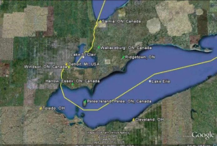 Fig. 1. Map South Western Ontario showing BAQS-Met measure- measure-ment sites in green and industrial towns in the Lake Erie area.