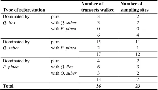 Table 3.3 - Number of transects walked according to dominant type of reforestation, and  number of sampling sites within each reforestation type