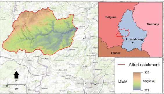 Figure 1. The location of the Attert catchment and its elevation. Catchment boundaries are given for the Bissen gauge, Luxembourg.