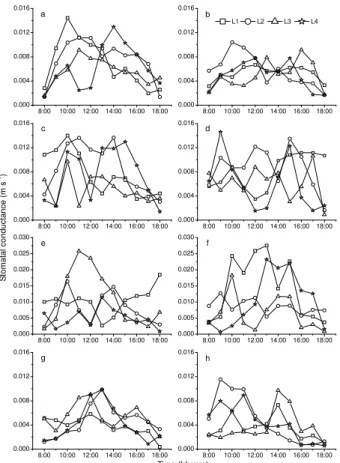 Fig. 1. Diurnal variation in stomatal conductance in the maize canopy. The days are DOY 130 (a, b), DOY 162 (c, d), DOY 195 (e, f) and DOY 229 (g, h)