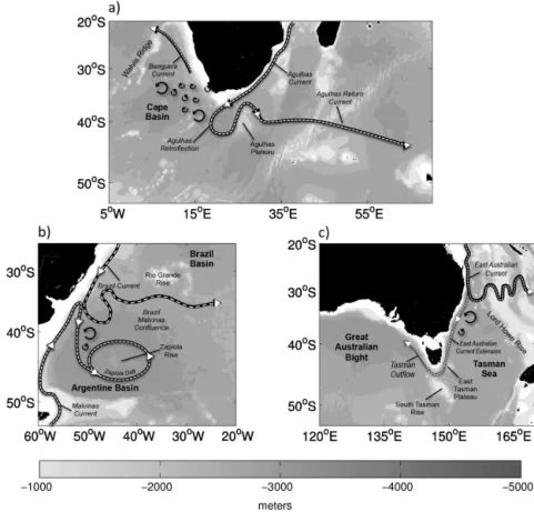 Figure 1. Main bathymetric features and circulation patterns of the (a) AC, (b) BC and (c) EAC systems (adapted from Peterson and Stramma, 1991, Cresswell, 2000, Tilburg et al., 2001, Mata et al., 2006, Matano et al., 2010).