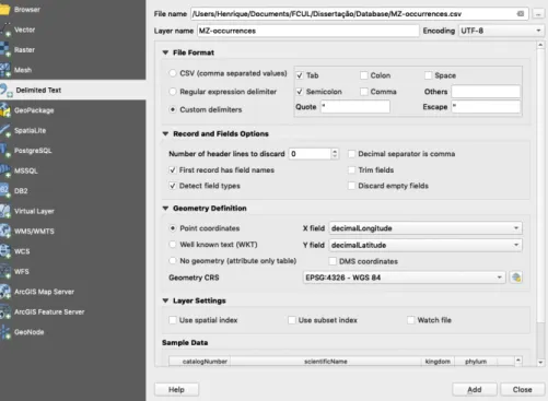 Figure 2.10 – Depiction of an input used in the “Add Delimited Text Layer” sub-menu. 