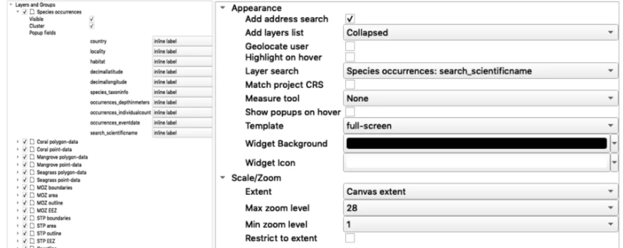 Figure 2.15 &amp; 2.16 – Leaftlet web map settings on layers, groups, appearance, scale and zoom