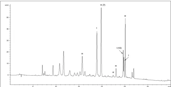 Figure 2. HPLC chromatogram of S. raeseri ethanol extract (H-hypolaetin derivatives; I-isoscutellarein  derivatives)  