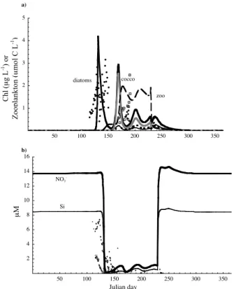 Fig. 2. Annual cycle at NABE of modeled (lines) and observed (symbols) dynamics of (a) phytoplankton (total chlorophyll (modeled – thick solid line and observed – dots), diatoms (thin solid line), coccolithophorids (gray line), prasinophytes (dotted line))