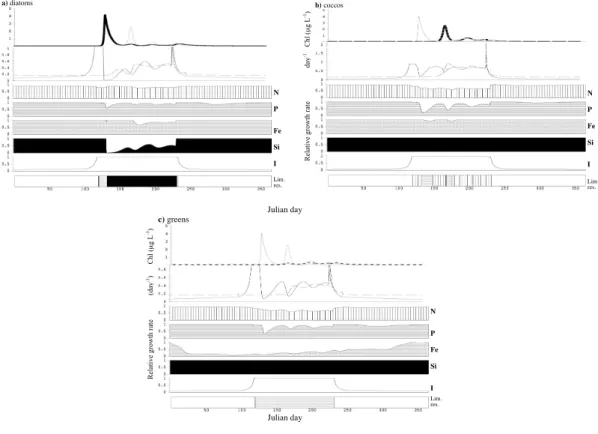 Fig. 3. Seasonal dynamics (over calendar year) of (a) diatom abundance at NABE (first panel, black line; the dynamics of the other two groups are also shown in gray), their growth (solid line) and mortality (dashed line) rates (second panel), the relative 