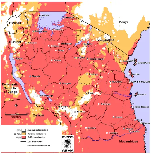 Figura 2.6 - Distribuição da malária endémica na Tanzânia (fonte: MARA, 2011)