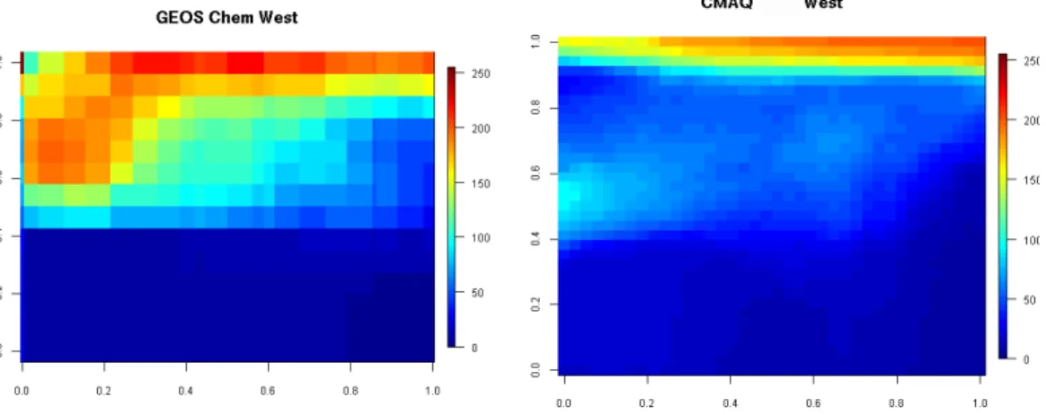 Fig. 4. Hg(II) western boundary conditions from the GEOS-Chem and CMAQ hemispheric   simulations for April 2005.