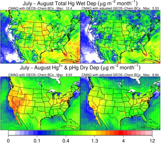 Fig. 5b. Comparison of simulated dry and wet deposition for July–August 2002 from CMAQ runs using original GEOS-Chem based boundary conditions and adjusted boundary conditions.