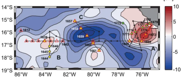 Figure 1. Map of sampling locations in the ETSP. Aviso sea level height anomaly for 21 November 2012 is shown (anticyclonic  ed-dies are depicted in red, and cyclonic in blue)