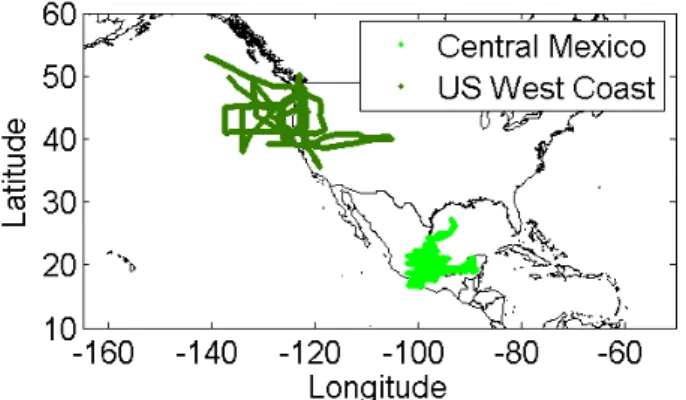 Fig. 1. Flight tracks of the C130 aircraft around Central Mexico (light green) and the US West Coast (dark green).
